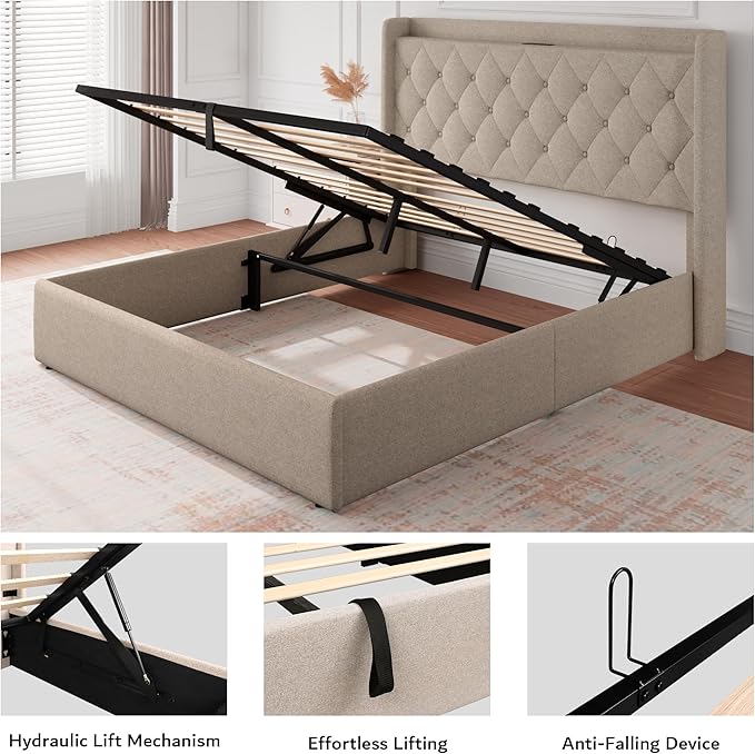 iPormis Full Size Lift Up Storage Bed Frame with Charging Station, Upholstered Platform Bed Frame with Tufted Headboard, Hydraulic Storage, No Box Spring Needed, Noise-Free, Easy Assembly, Beige