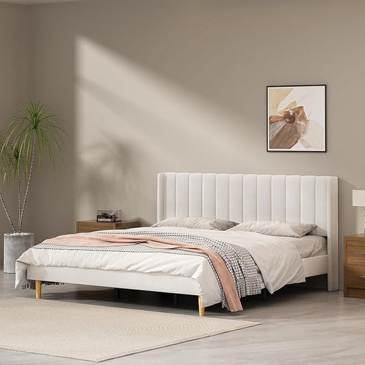 King Size Upholstered Platform Bed Frame with Modern Wingback & Vertical Panel Headboard, Velvet Fabric, Wooden Legs & Slats Support, No Box Spring Needed, Noise-Free & Easy Assembly, Cream