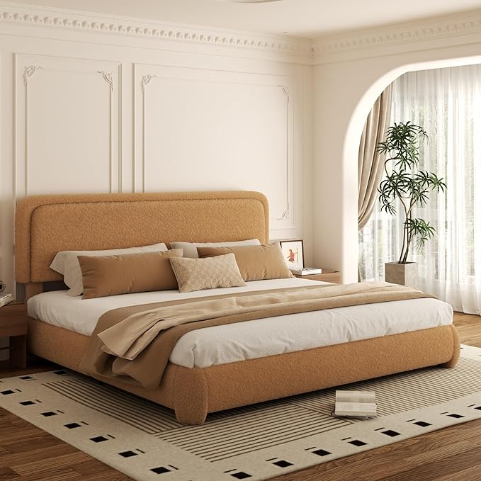 King Bed Frame, Teddy Velvet Boucle Bed Frame with 43.3"/45.3" Adjustable Upholstered Headboard, Rounded Corners, Mattress Foundation, No Box Spring Required, Brown