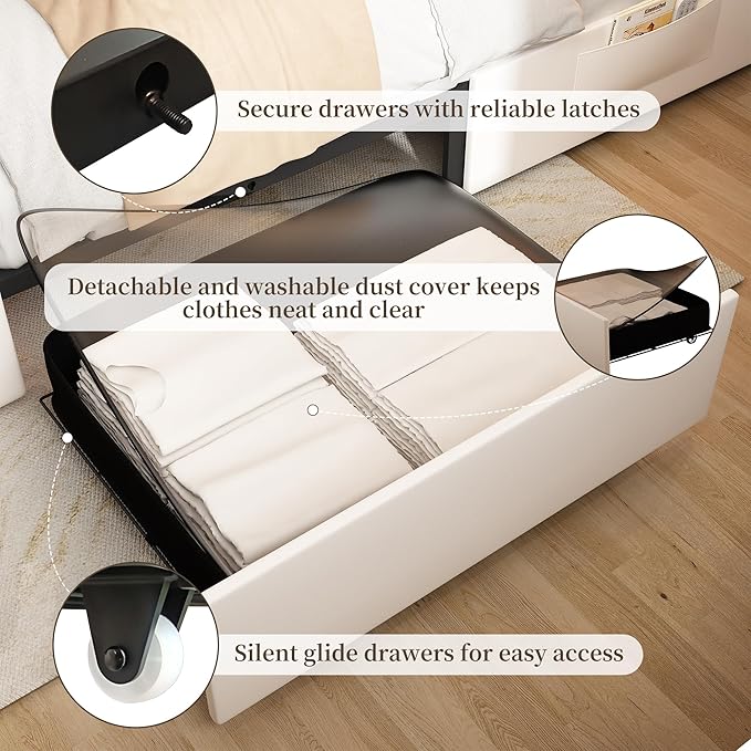 King Led Bed Frame with 2 Drawers, Heavy King Size Platform Bed Frame with Storage, Upholstered Bed Frames with Adjustable Headboard, Noise Free, Easy Assembly, No Box Spring Needed, PU White