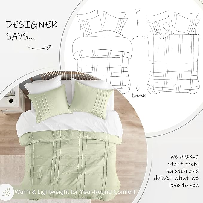 Comfort Spaces Sage Full Size Comforter Set - 3 Pieces Pintuck Pleated Bedding Sets, All Season Lightweight, Extra Softness Pre-Washed Microfiber Full Bed Set, Shams, Full