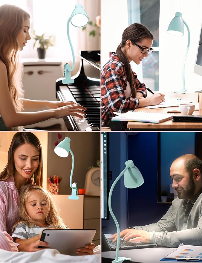 BOHON Desk Lamp with Clamp, 10W 38 LED Clip on Light, 5 Color 10 Brightness Auto Off Timer, Flexible Gooseneck Clip Lamp, Desk Lights for Office Home Bed Bedside Reading, Adapter Include, Teal