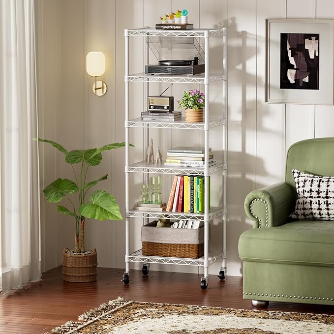 SINGAYE 6 Shelves Storage Shelf Wire Closet Bathroom Organizers Metal Pantry Kitchen Small Garage Shelving Unit Laundry Room Organization Home Narrow Rack Net Basket with Wheels White