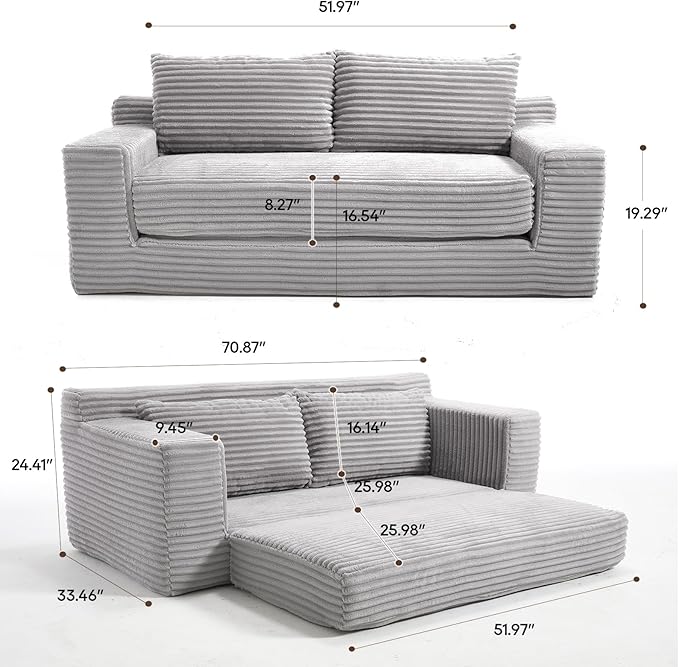 Fefances Loveseat Sofa Bed Boneless Couch, Convertible 2-in-1 Design, Corduroy Fabric - Compact Memory Foam Couch for Small Spaces, Apartments, Home Office & Bedroom （Grey）