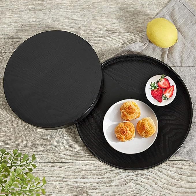 Round Wood Serving Tray, Solid Wooden Decorative Tray Non-Slip Tea Coffee Table Tray Snack Plate Food Meals Serving Tray with Raised Edges for Home Decor Kitchen Restaurant (9.5inch, Black)
