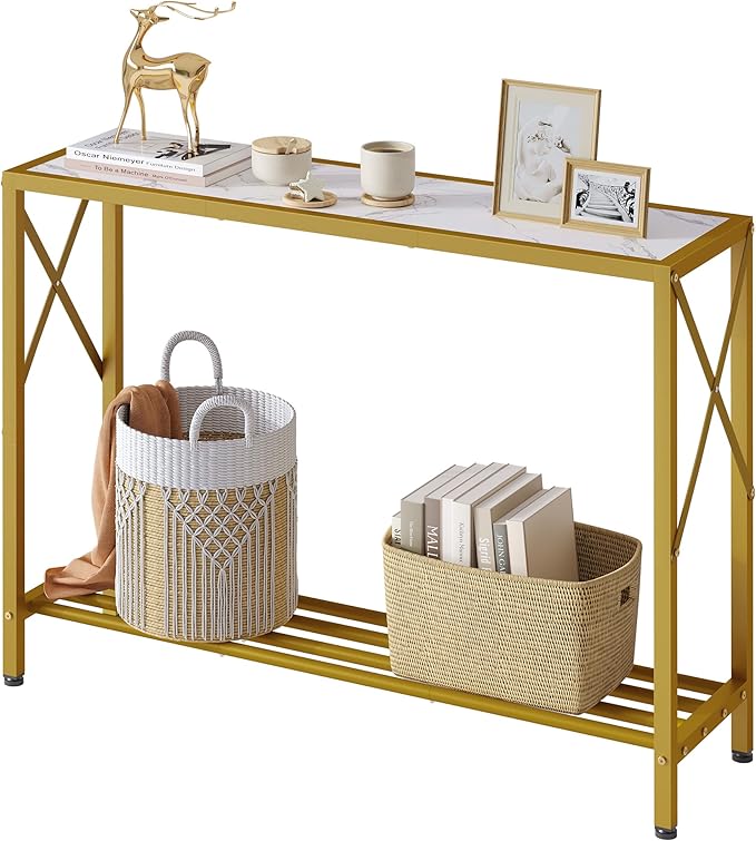 Tajsoon Entryway Table 41.8”, 2-Tier Entry Way Console Entrance Table, Narrow Sofa Table with Shelves, Ideal for Hallway, Entryway, Living Room, Foyer, Corridor, and Office (Gold & White)