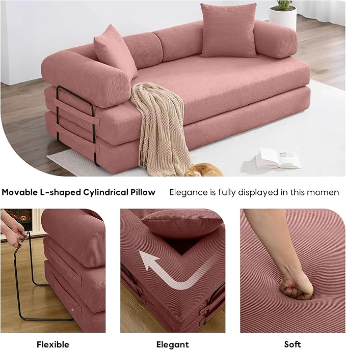 Convertible Sleeper Sofa Bed with Cylindrical Pillow, Corduroy Folding Boneless Couch with Fixed-Shape Frame, Floor Sofa Lounge Couch for Living Room Bedroom Lounge Studio-Pink