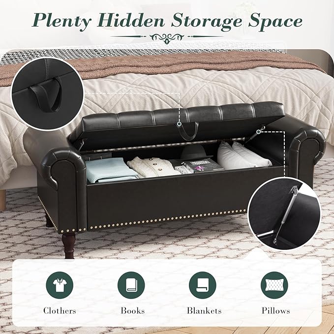 Apicizon 51” Bench with Storage, Queen Size Faux Leather End of Bed Bench with Tufted Button, Ottoman Bench with Rolled Arms & Vintage Rivets for Foot of Bed, Living Room, Entrance, Black