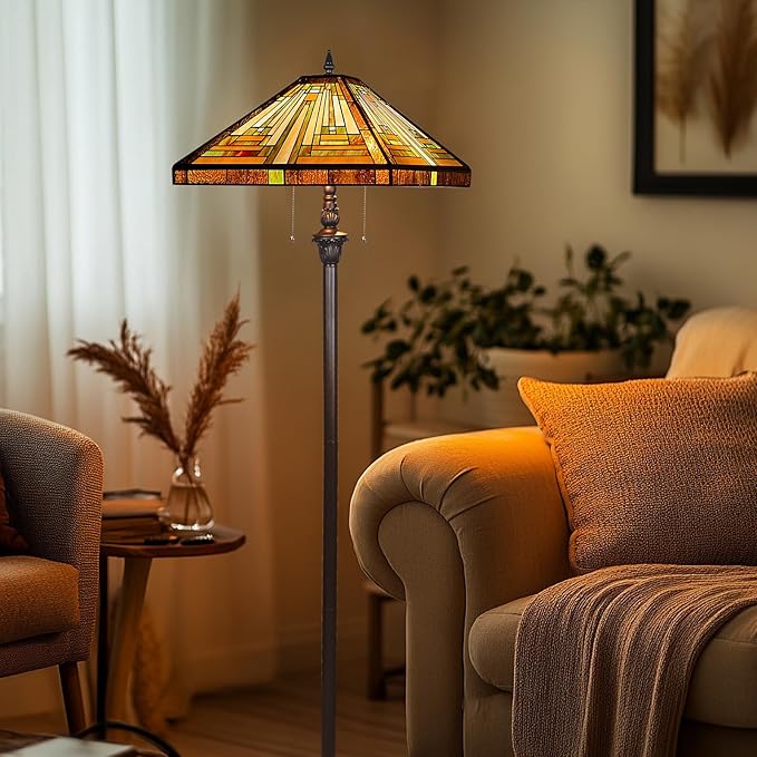 Capulina Tiffany Lamp Stained Glass Floor Lamp 2-Light 16X16X63 Inches Amber Brown Mission Antique Tiffany Style Standing Reading Lamp for Living Room Bedroom Home Office