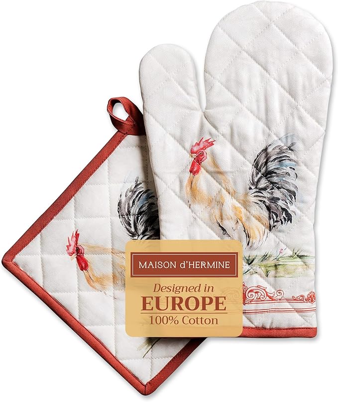 Maison d' Hermine 100% Cotton Oven Mitt & Pot Holder Set (7.5"x13" & 8"x8") Heat Resistant BBQ Cooking Gloves with Loop, Baking, Grilling, Kitchen, Handling Hot Pans Spring/Summer (Campagne)