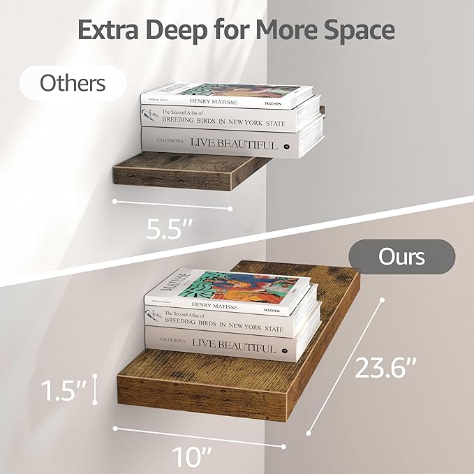 QEEIG 10" Deep Floating Shelves for Wall - 10 x 24 inch Book Shelf Bathroom Bedroom Kitchen Living Room Hanging Bookshelf Farmhouse Set of 3, Rustic Brown (025-60BN3)