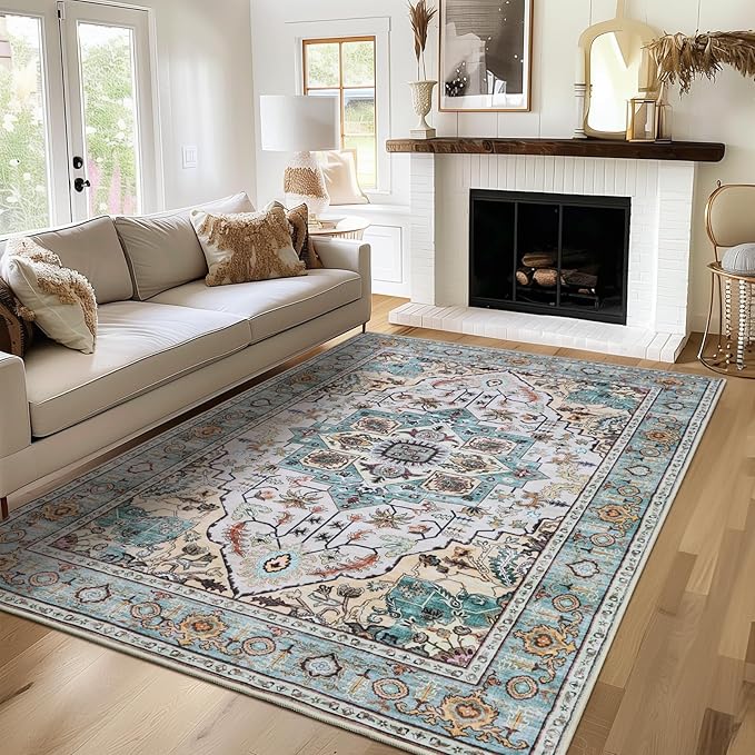 WILLSUN Washable Area Rugs, 3x5 Non-Slip Boho Large Area Rugs for Living Room, Bedroom, Machine Washable Vintage Rug, Indoor Floral Print Carpet for Home Decor, Kid & Pet Friendly Mat