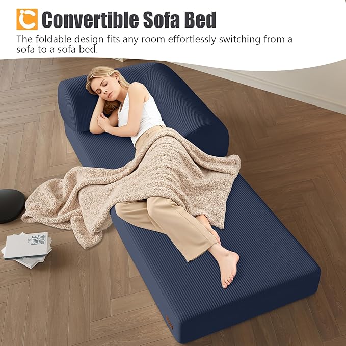 COMAX Folding Sofa Bed, Fold Out Chair Bed, Foldable Sofa, Convertible Sleeper for Adults, Futon Chair Single Small Floor Couch for Spaces, Bedroom Living Room Guest Room, Navy Blue