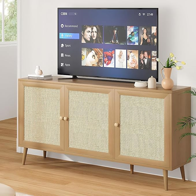 59" Rattan-Door Sideboard Cabinet with Shelf, 3-Door TV Stand Credenza Buffet with Generous Storage, Modern Accent Cabinet for Living Room & Kitchen, Natural Oak