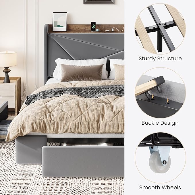 SHA CERLIN Queen Bed Frame with 3 Drawers, USB & Type-C Charging Ports, Velvet Upholstered Platform Bed with Modern Geometric Wingback Storage Headboard, No Box Spring Needed, Easy Assembly, Grey