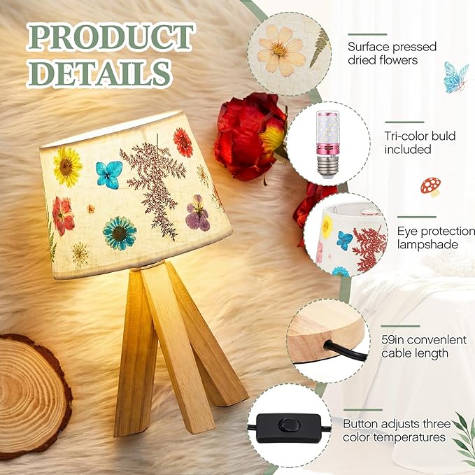 Hortsun Pressed Flower Lamp Vintage Table Small Lamp Cottagecore Decor Boho Night Light Decorative Rustic Night Light for Bedroom, Living Room or Office, Christmas Gift for Women(Triangle Style)