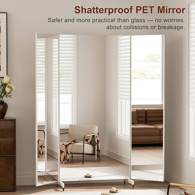 brisafe Full Length Mirror with 360° Wheels, 87"x71" Foldable Floor Mirror with Nano-Tech Shatterproof Film - Ultra-Large Mobile Mirror for Home Gym, Dance Studio & Commercial Spaces (White)