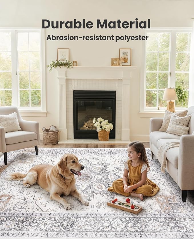 AMADA HOMEFURNISHING 8x10 Area Rugs, Low-Profile Large Washable Area Rug with Non-Slip Backing & Durable Edge Binding, Vintage Rugs for Living Room, Bedroom, Dinning Room
