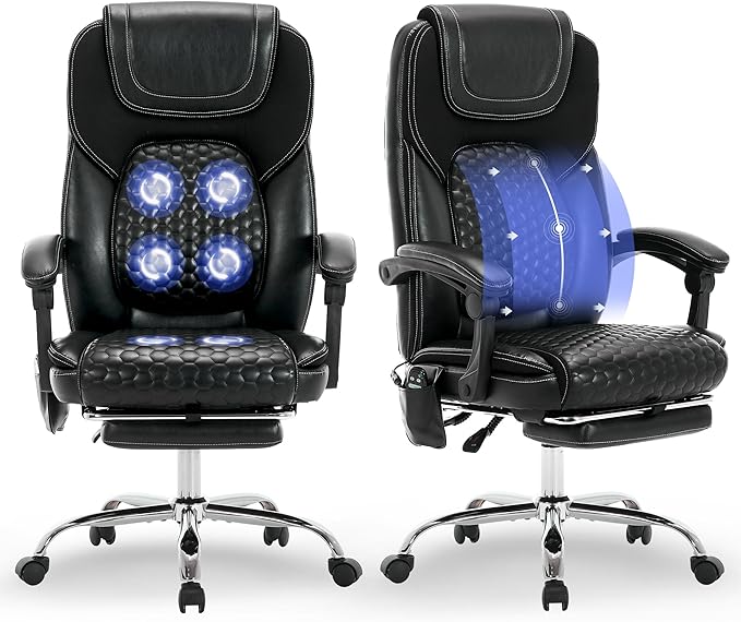 Executive Office Chair with Massage and Heat, Ergonomic Reclining Desk Chair with Footrest, Big and Tall High-Back Leather Computer Chair with Wheels, Adjustable Managerial Chair, Supports 300 lbs