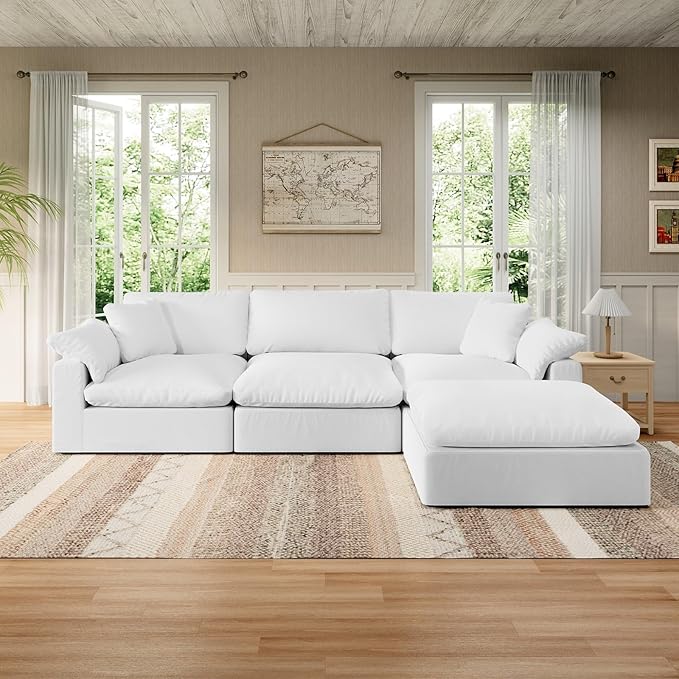 Modular Sectional Sofa Cloud Couch,Down Filled Comfy Cloud Modern Sofa,White Linen L Shape Oversized Couch Cushion Covers Removable Furniture for Living Room
