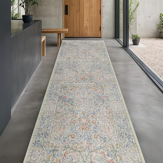 Beige Blue Washable 2'6"x10' Wide Hallway Runners, Kitchen Runner Rug, Non-Slip & Stain Resistant 10ft Long Floor Rug, Retro Lilic Boho Floral Décor
