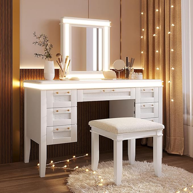 Merax 48" Vanity Desk with Mirror and Lights, Makeup Vanity with 7 Drawers and Cushioned Stool, Classic Finish Dressing Table with Hollow Design Drawer for Bedroom, Rubber Wood Legs, Light-Beige