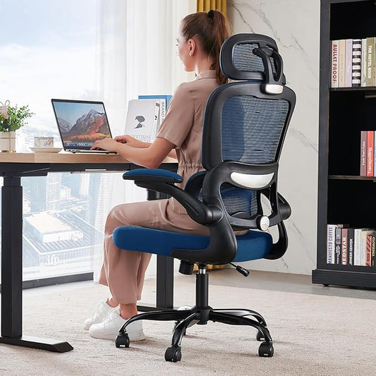 TRALT Office Chair Ergonomic Desk Chair, 330 LBS Home Mesh Office Desk Chairs with Wheels, Comfortable Gaming Chair, High Back Office Chair for Long Hours (Black+Blue)