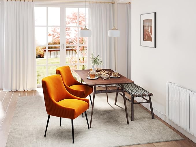 Velvet Dining Chairs Set of 2,Orange Upholstered Living Room Chairs with Black Metal Legs, Modern Tufted Accent Chairs for Living Room, Study Room, Kitchen