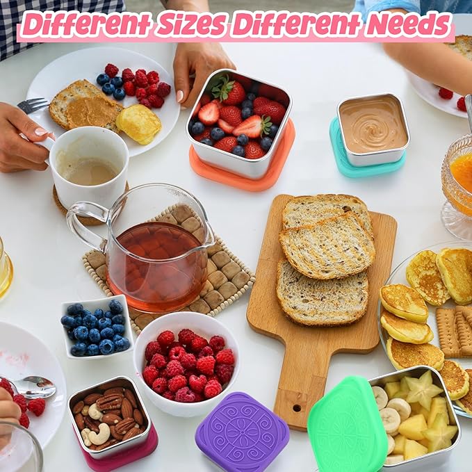 12 Pcs Stainless Steel Snack Containers 6oz & 2oz Easy Open Leak Proof Food Containers with Silicone Lids Reusable 304 Metal Food Box for School Home Picnic (Classic)