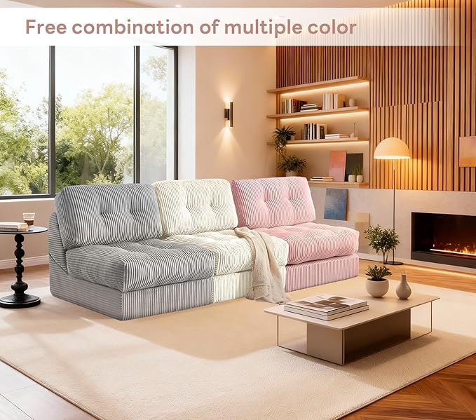 Tbfit 35.8'' Folding Sofa Bed, Convertible Sleeper Chair with Large Pillow, Corduroy Folding Couch Bed, Portable & Foldable Mattress Boneless Floor Sofa Set of 2, Grey