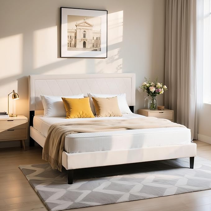 Hokway Bed Frame Upholstered Platform Bed with Headboard Wooden Slat Support No Box Spring Needed(Full, Soft Beige)