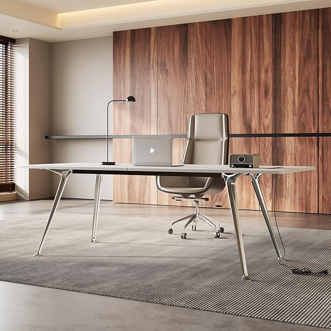 Writing Computer Desk, 60-Inch Large Executive Desk Office Workstation with Chrome-Plated Legs and Built-in Power Outlet, Writing Table Business Furniture, Modern Minimalist Style for Home Office