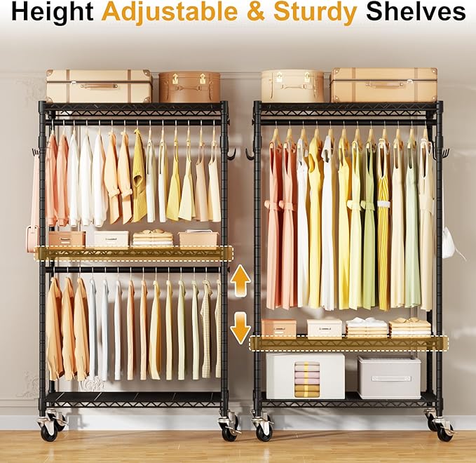 P1 Rolling Clothes Rack, Portable Wardrobe Closet with Wheels, Heavy-Duty Closet Clothing Rack for Hanging Clothes, 35.5" W x 15.7" D x 80.5" H, Hold 500lbs, Black