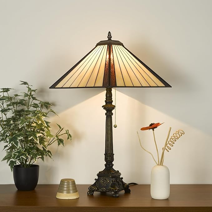 Tiffany Table Lamps Yellow Brown Stained Glass Striped Checkered Style Mission Desk Lamp 12X12X24 Inch Bronze Resin Base