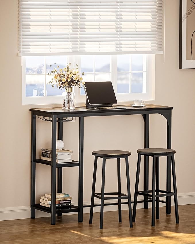 Small Bar Table Set for 2, Bar Table and Chairs Set for 2, Kitchen Table for 2 with 2 Storage Shelves & Wine Glass Holder, Dining Table for Small Apartment, Dining Room, Black