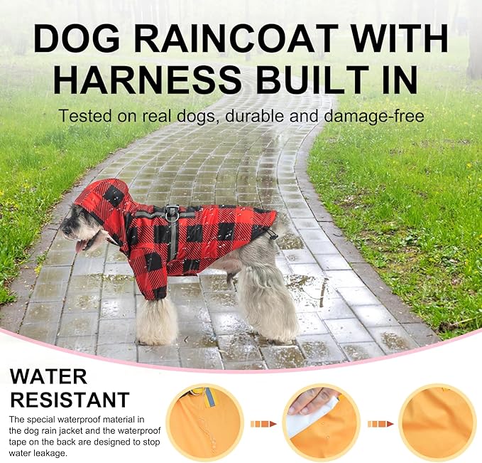 BEAUTYZOO Dog Raincoat Hooded with Harness Built-in, Slicker Poncho, Waterproof Dog Rain Coat for Winter Rainy Snowy Days, Buffalo Red, L