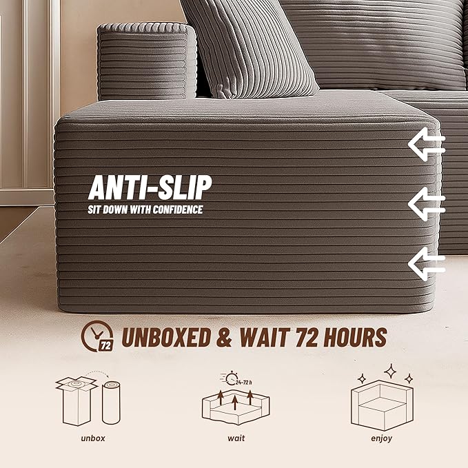 Chaise Lounge Chair, Boneless Couch for Living Room and Bedroom, Sleeper Couches Reading Chairs, Corduroy, Grey