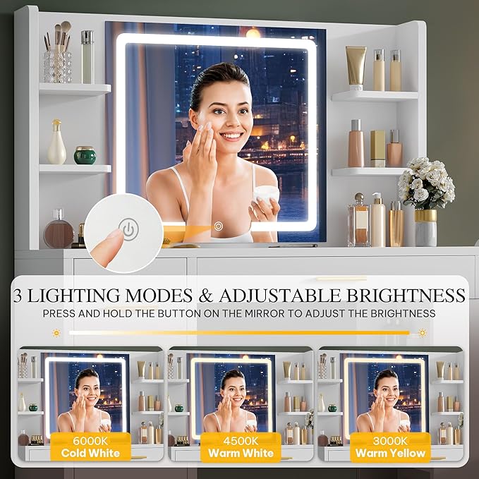 DWVO Makeup Vanity with LED Mirror, 40" Big Vanity Makeup Table with 4 Drawers and 7 Open Storage Shelves, Built-in Power Outlets & Hairdryer Holder, White