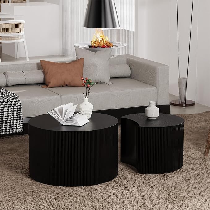 Round Nesting Coffee Table Set 2 Piece, Modern DrumStackable Side Table for Living Room/Bedroom Small, Space-Saving Accent Furniture with Scratch-Resistant Design (A Black 27.56 in)