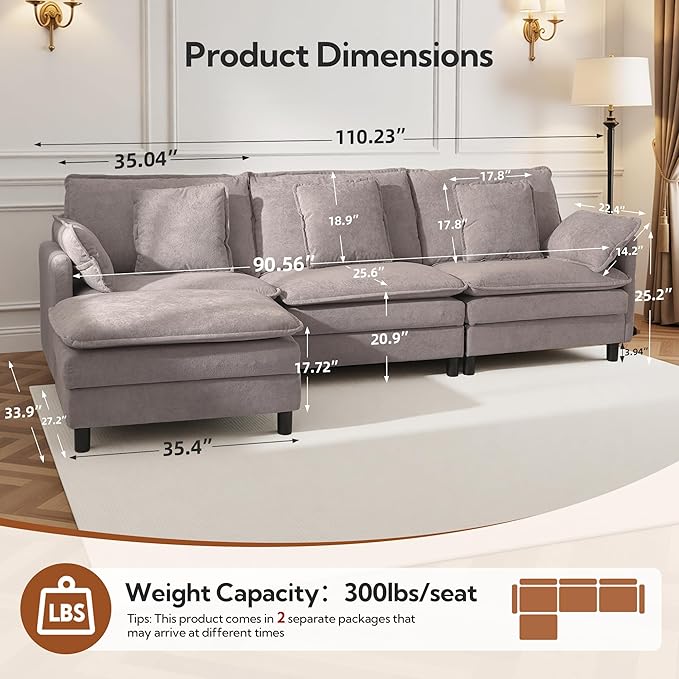 Claiks 110" Modular Sectional Sofa, Cloud Couch with Ottoman, L-Shaped 4-Seater Sofa in Chenille Fabric, Deep Seat Comfy Couch with Pillows for Living Room & Offices, Light Gray