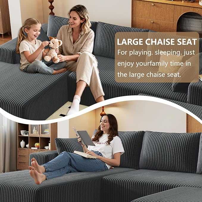 96" U-Shape Cloud Couch, Modern Modular Sectional L-Shape Sofa with Ottoman, Corduroy Upholstered Couches Deep Seat Chaise Longue for Living Room, No Assembly Required(Dark Gray, Left Facing)