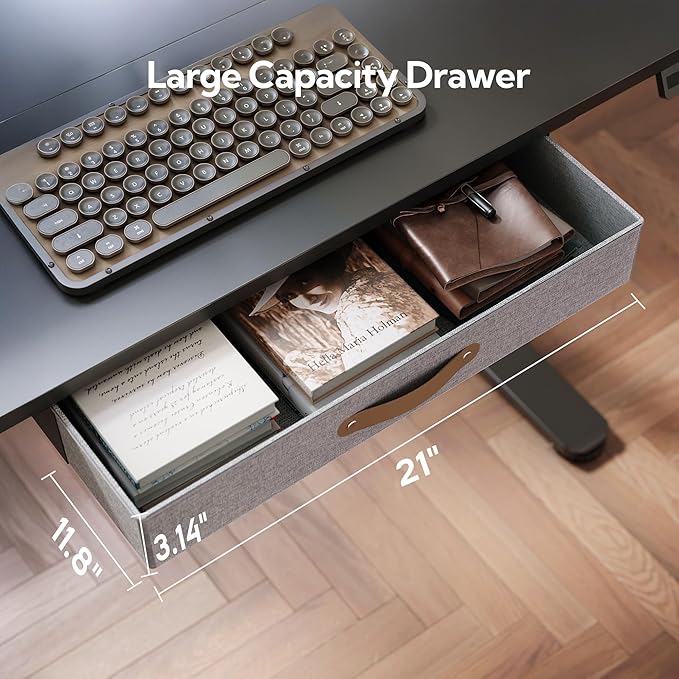 Seang Standing Desk with Drawer, 48" x 24" Height Adjustable Stand Up Desk, 3 Memory Height Settings with Cable Grommets & Storage Hooks, Ideal for Home & Office, Black