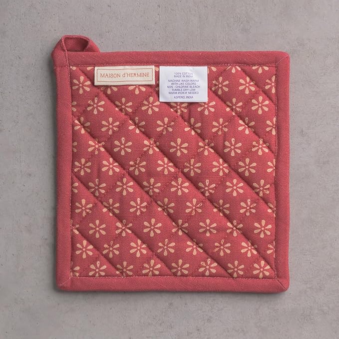 Maison d' Hermine Pot Holders 100% Cotton Heat Resistant Potholders 8" x 8" Hot Pads with Loop for Thanksgiving Christmas Decorations BBQ Cooking Baking Handling Hot Pans (Pack of 1, Romane)