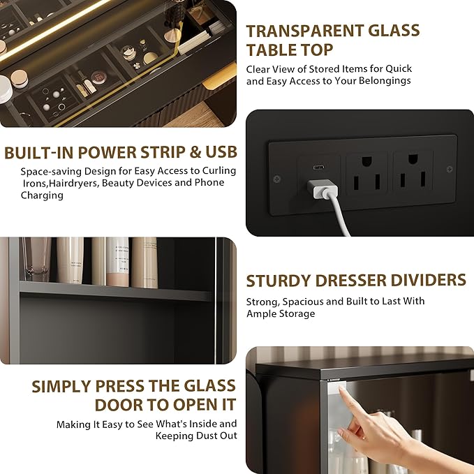 Makeup Vanity Desk with Mirror and Lights, 48" Fluted Makeup Table with Glass Top, Vanity Desk with 5 Drawers, Open Shelf & Power Outlet, Modern Dressing Table for Bedroom Living Room