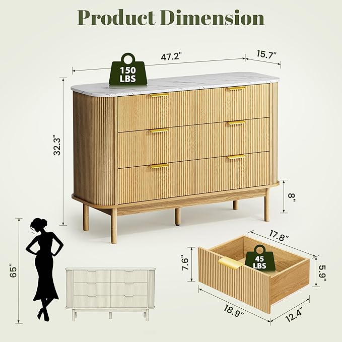 Fluted 6 Drawer Storage Cabinet, 47" Wide Chest of Drawers with Faux Marble Top & Curved Profile Design, Modern Buffet Cabinet, Wood Sideboard for Living Room, Hallway, Natural