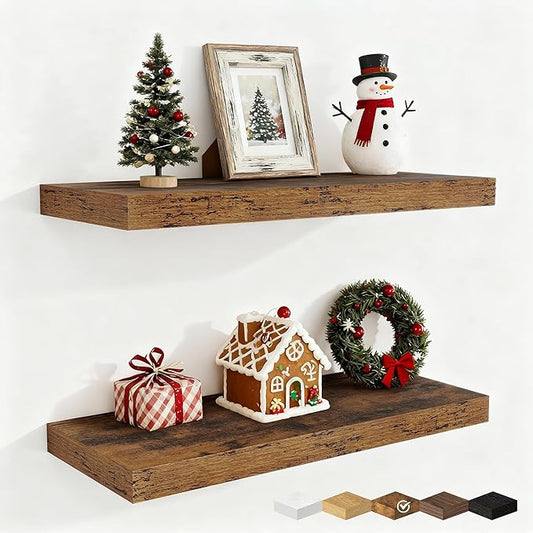 Fun Memories 24 Inch Floating Shelves for Wall, 9 Inch Deep Brown Rustic Wood Wall Mounted Shelves for Bathroom, Kitchen, Living Room, Set of 2