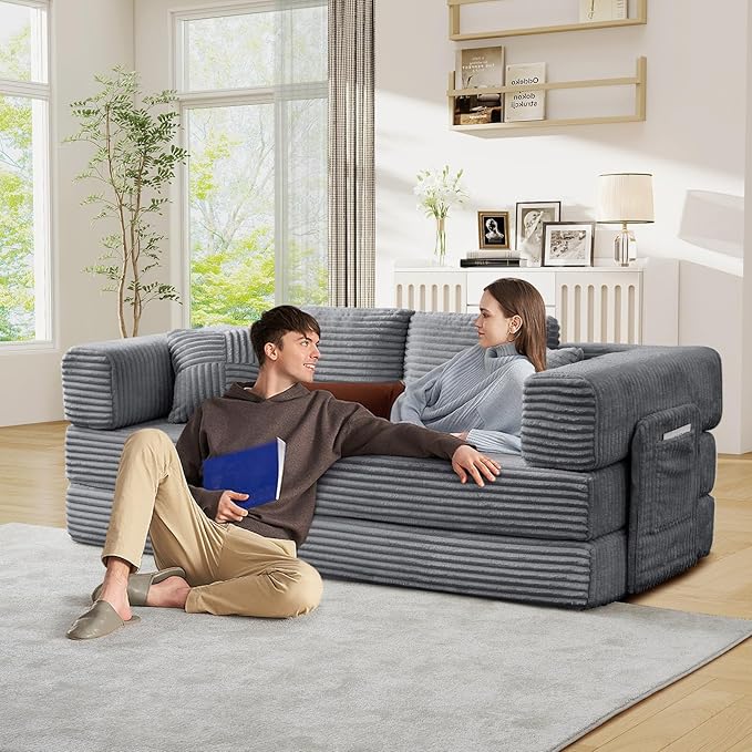 Antetek Convertible Sofa Bed, Comfy Corduroy Fluffy Love seat Sleeper Sofa, 5 in 1 Folding Couch Bed, Fold Out Floor Couch with Pillows for Bedroom, Living Room, Office, Wide Stripes, Grey