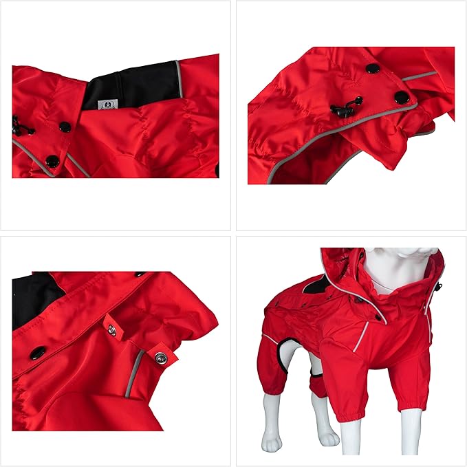 LOVELONGLONG Waterproof Dog Raincoat with Removable Hood – Outdoor Full Body Dog Jacket, Windproof Snowproof Shell Suit – All Season Pet Rain Gear Red XXS