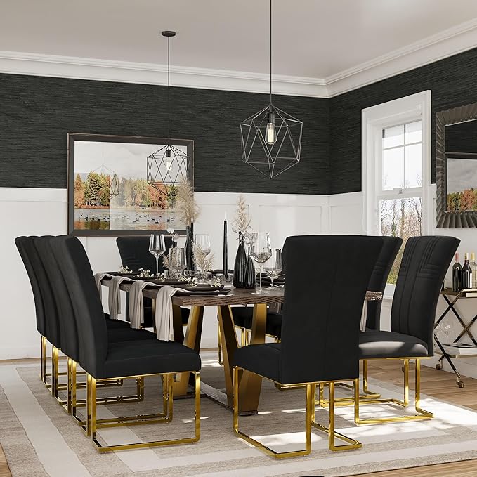 AUZ Dining Chairs Set of 6, Black and Gold Velvet Upholstered Dining Chairs with High Back and Polished Stainless Steel Sled Legs