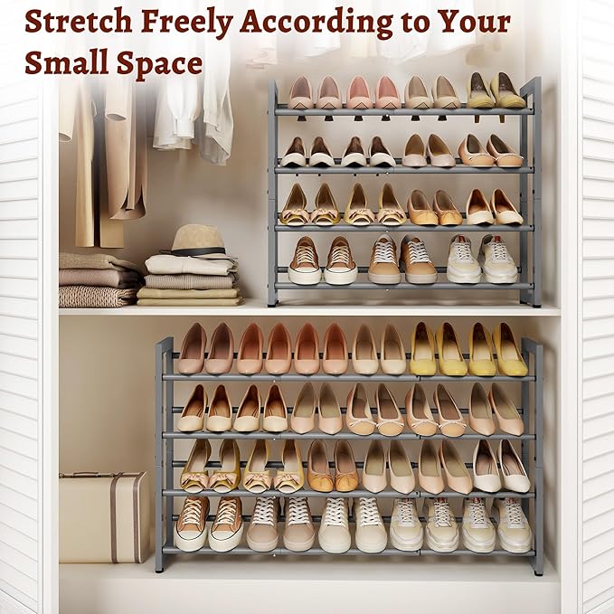 FAVOOSTY 4-Tier Expandable Shoe Rack, Adjustable Shoe Shelf Storage Organizer Space Saving Metal Free Standing Shoe Rack for Entryway Closet Doorway, Silver Grey